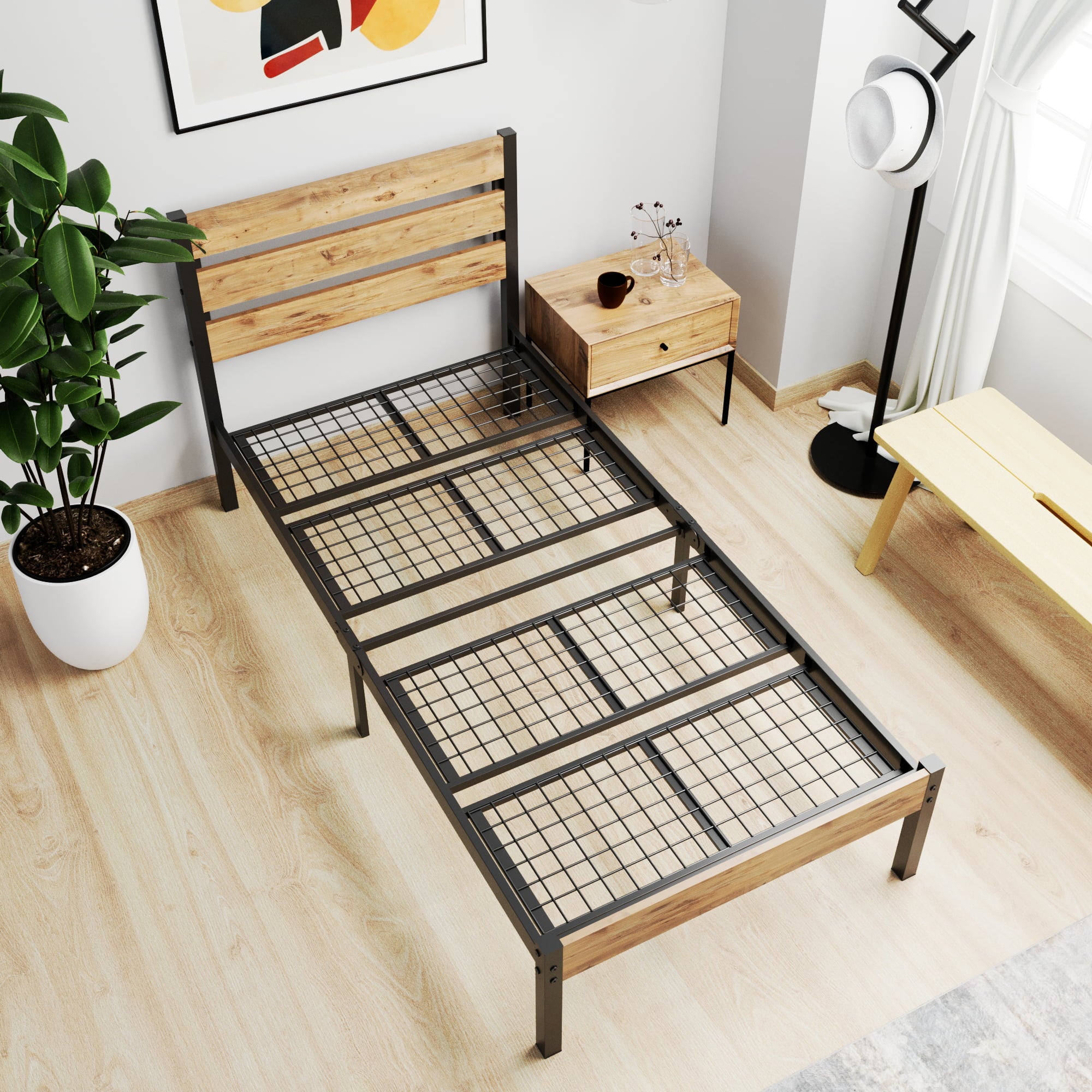 A minimalist metal bed frame with a natural wood headboard and footboard, shown in a modern, brightly lit bedroom setting.