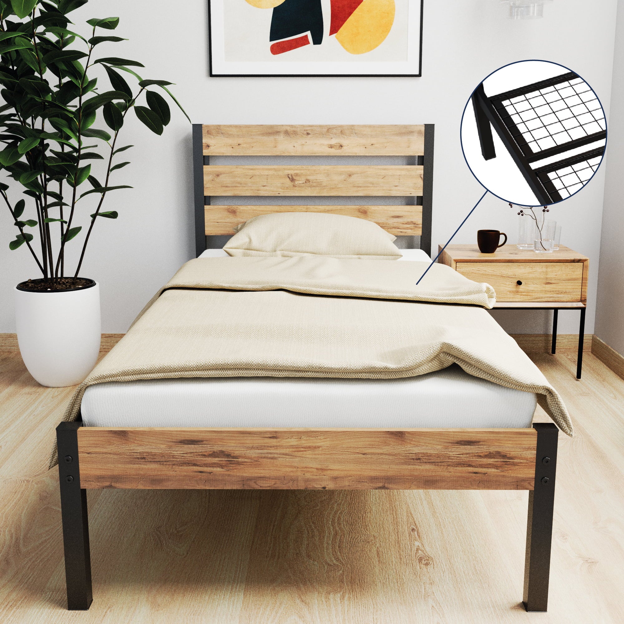 Main image Arowana wooden headboard and footboard heavy duty sturdy strong mesh base metal bed frame