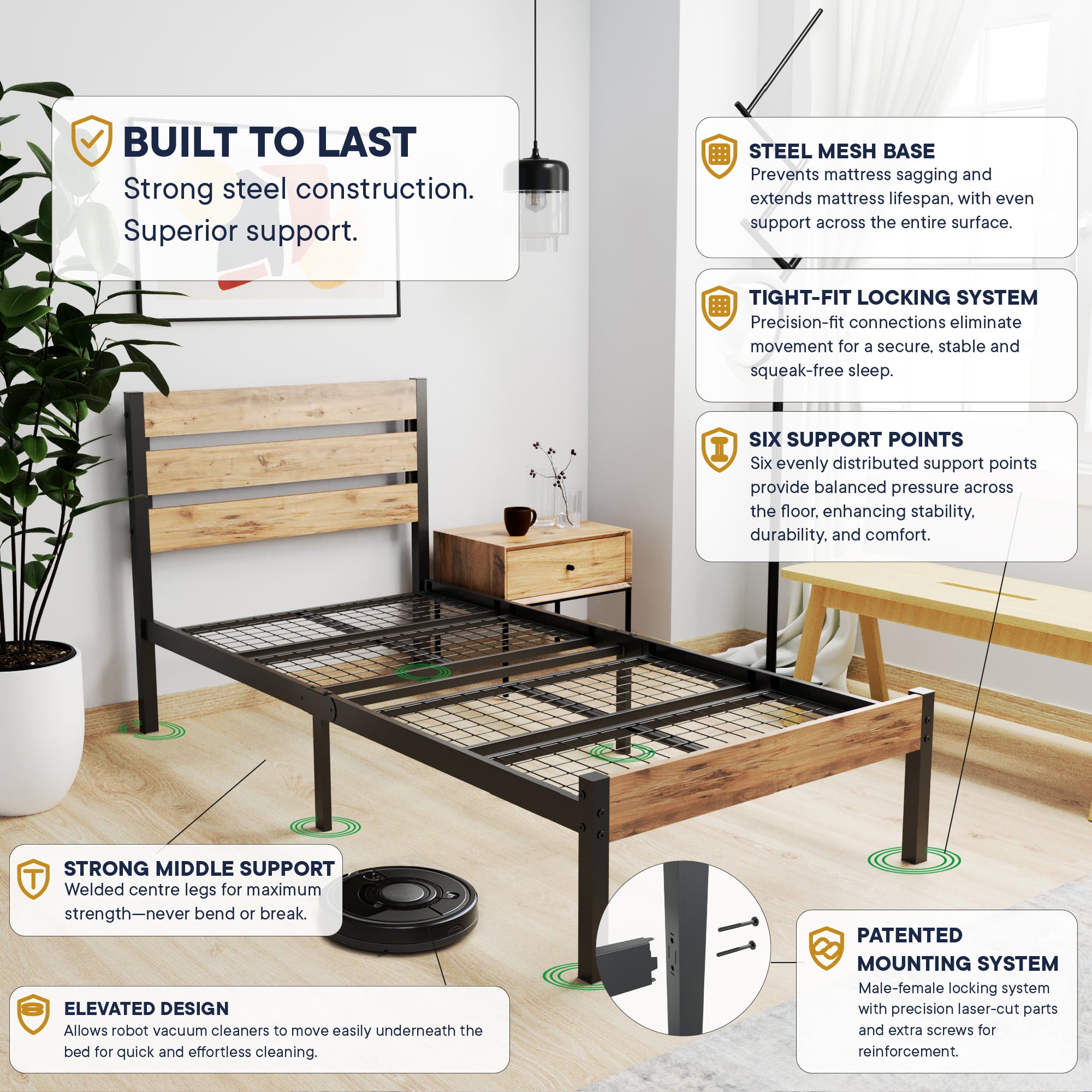 A metal bed frame with an attached steel mesh base and black slatted support structure, shown in a styled bedroom scene with furniture, plants, and a robot vacuum. Multiple callout boxes with text highlight product features such as built-to-last steel construction, steel mesh base, tight-fit locking system, six support points, strong middle support, and patented mounting system.