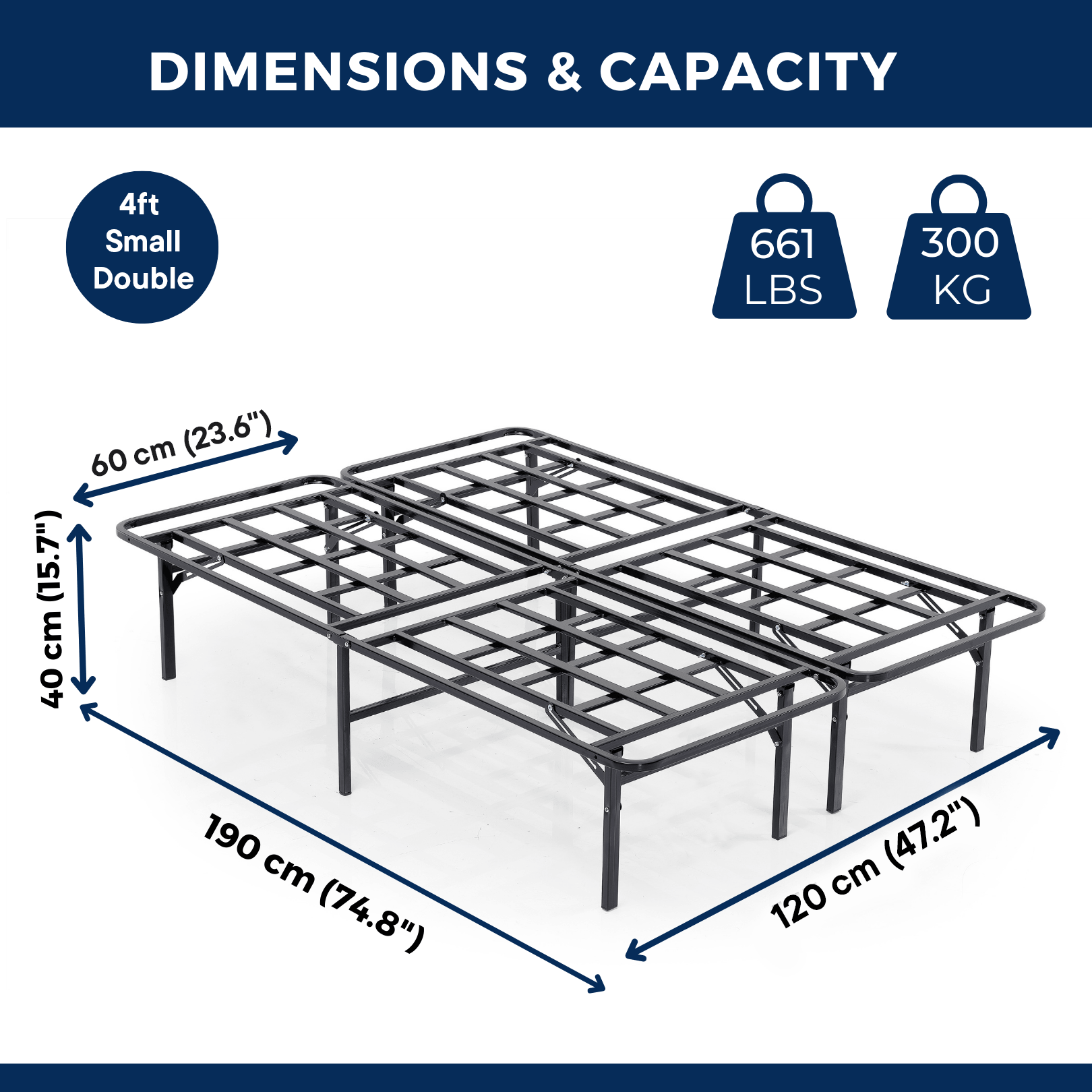 Bed frame with dimensions and capacity details on a white background