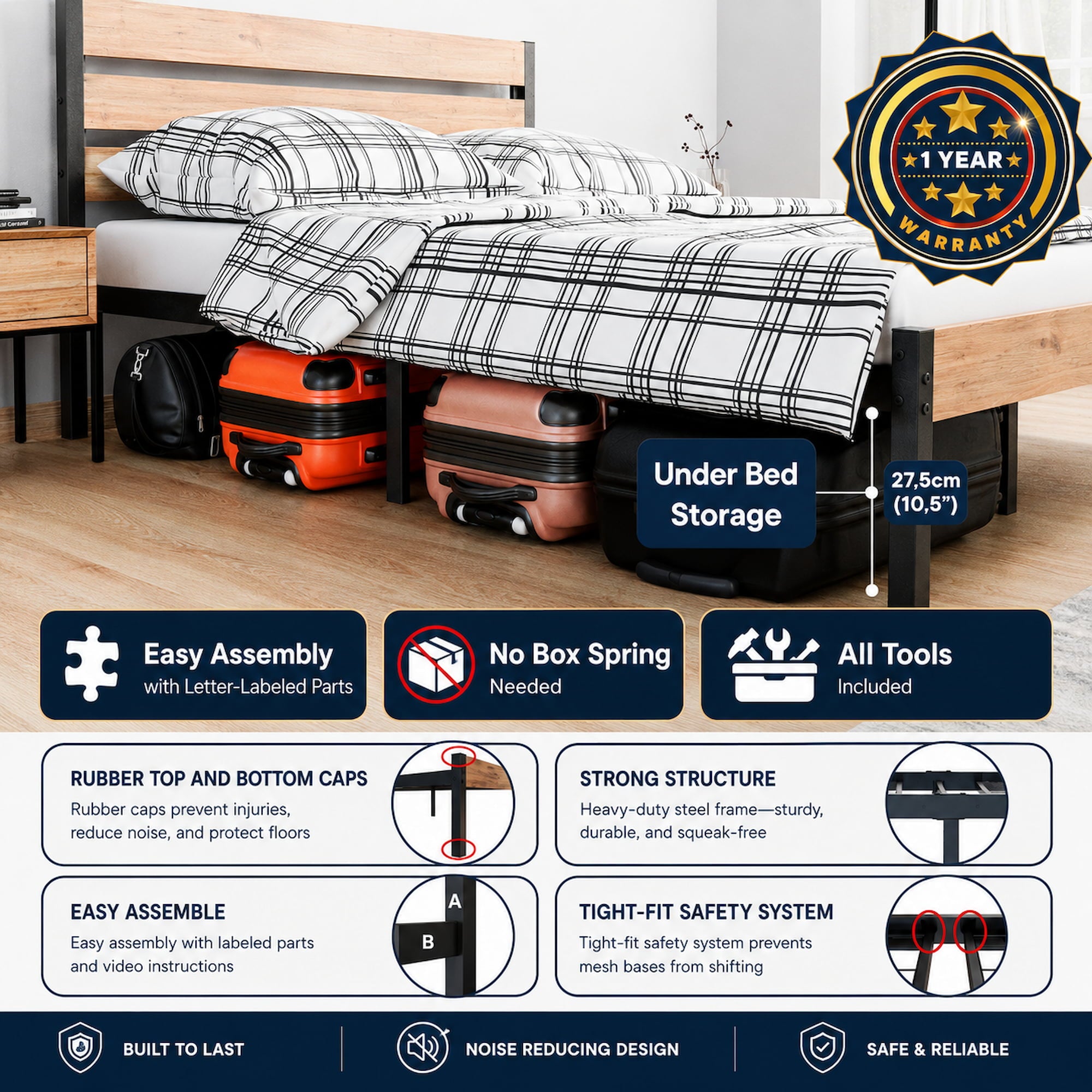 A bed frame shown in a bedroom-style layout with luggage stored underneath, plus large feature callouts and icons explaining assembly, storage capacity, noise reduction, strength, and safety. This is not a clean standalone product shot because the image is primarily explanatory marketing content, so Instruction Diagram fits better than Product/Packaging.