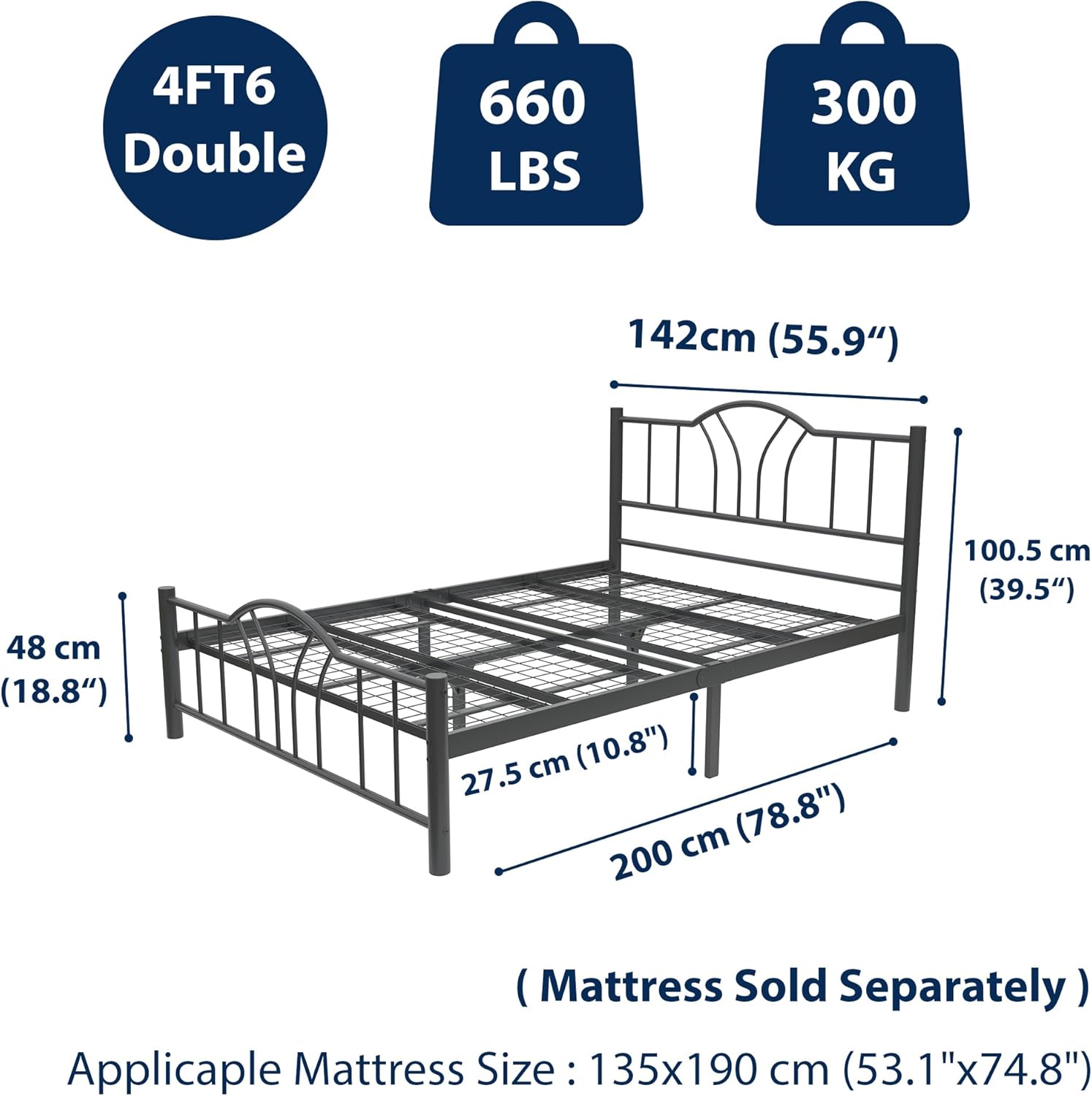 Bella 4ft6 Double Black Bed Rear View