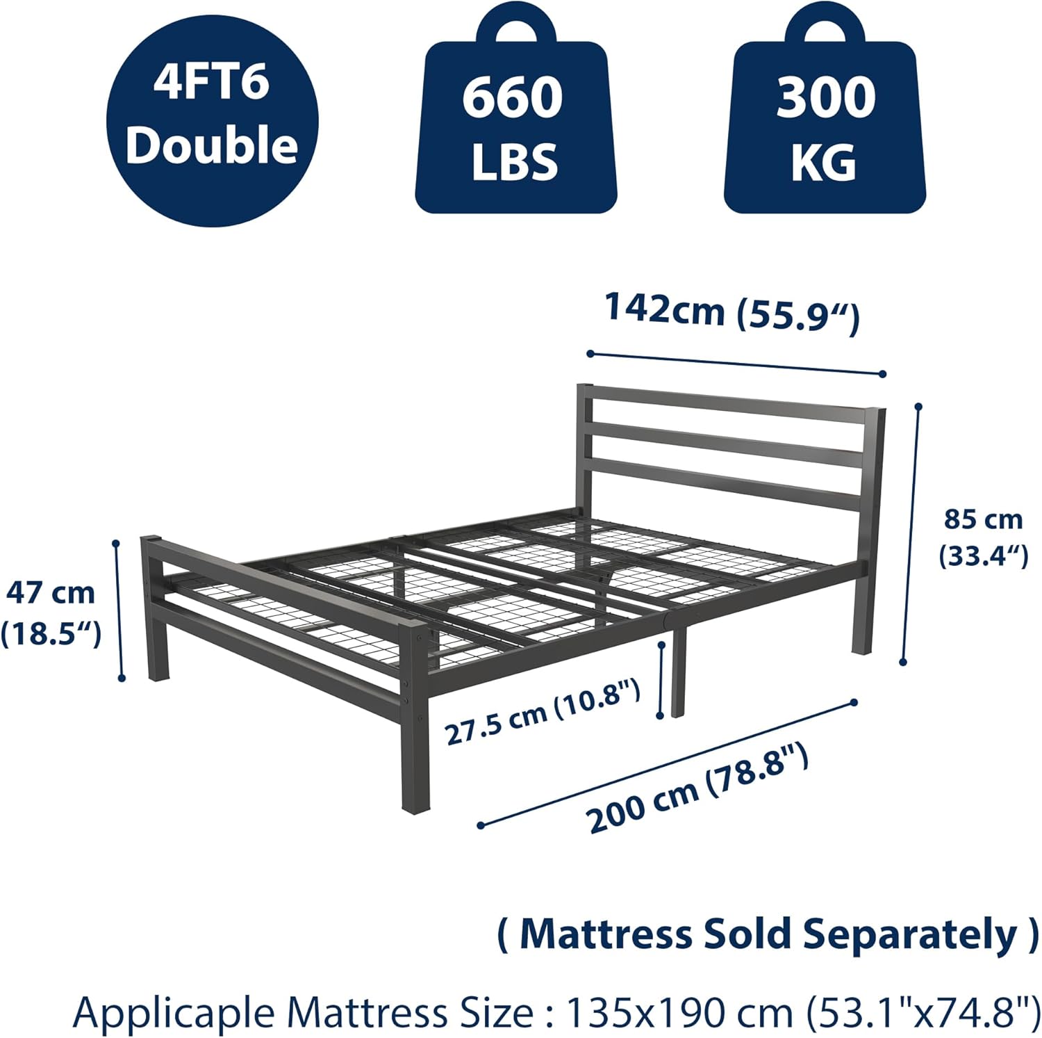 Buhara 4ft6 Double Black heavy duty mesh base bed frame Rear View