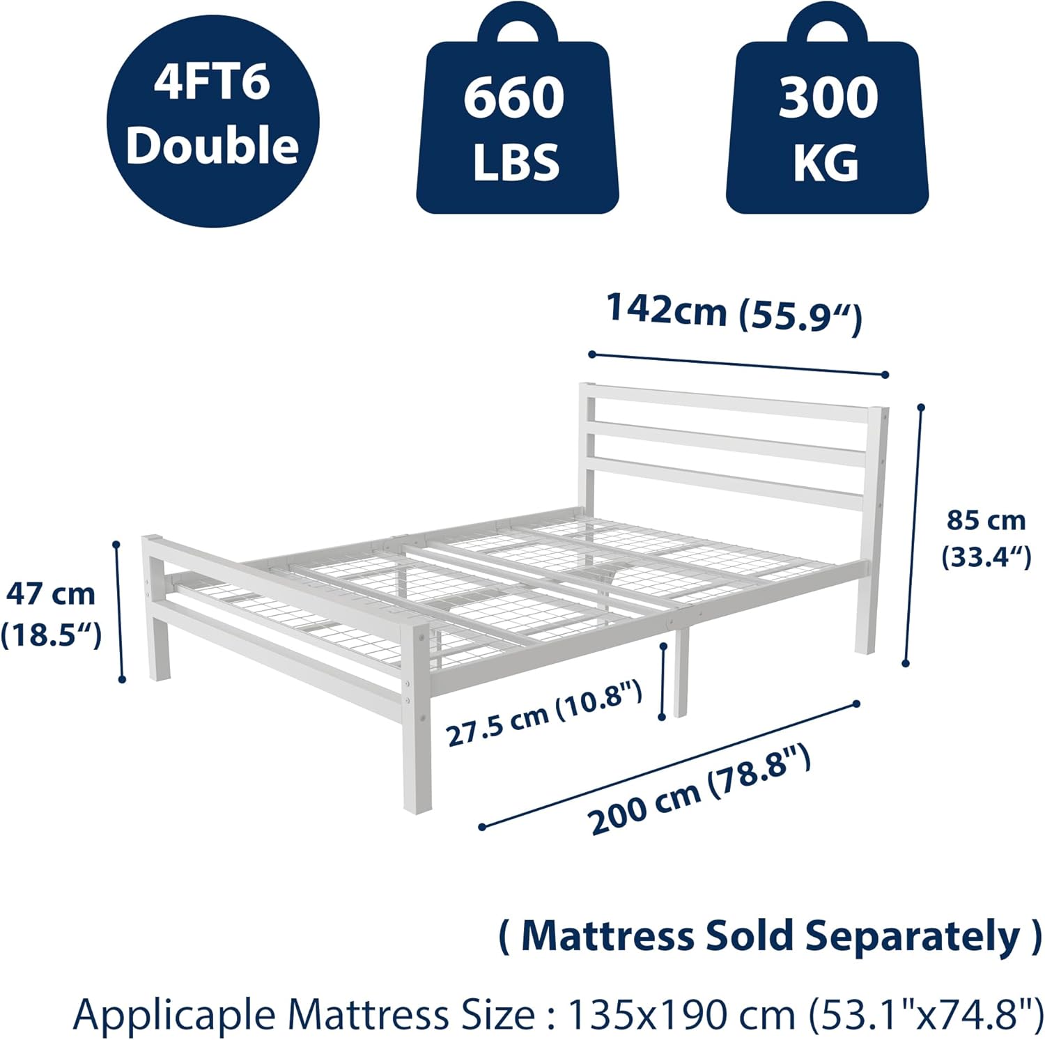 Buhara 4ft6 Double White heavy duty mesh base bed frame Rear View