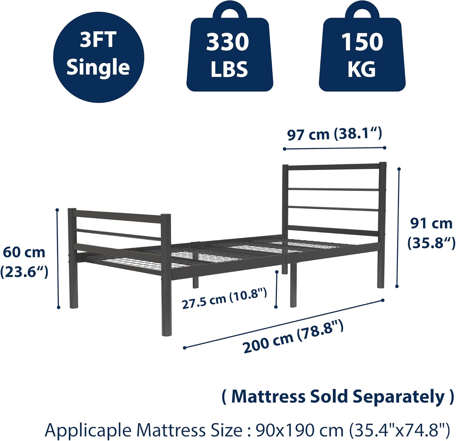 Chester 3ft Single Black Bed Rear View