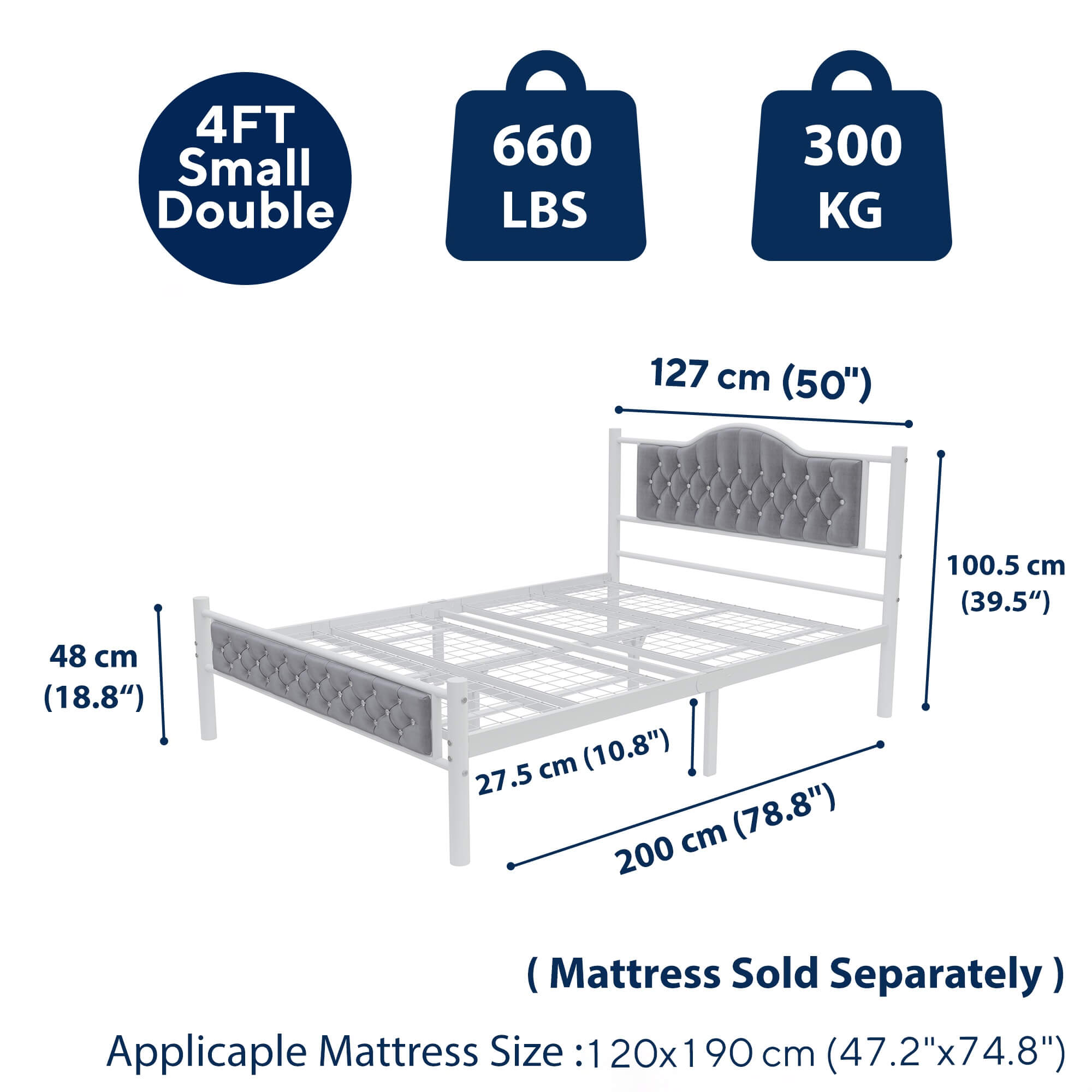 Milan 4ft Small Double White Grey Bed Rear View