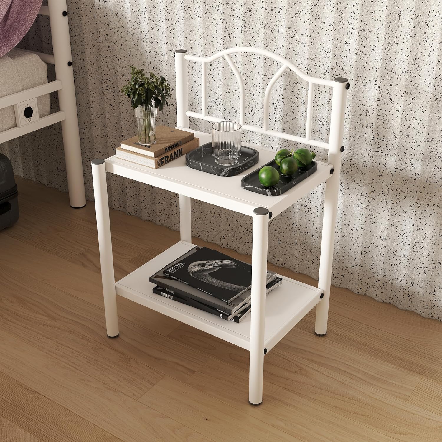 Bella White Metal Nightstand bedside table Side View