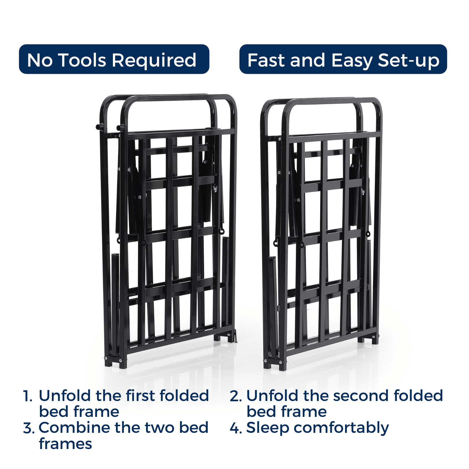 Two folded bed frames with text indicating no tools are required and fast easy set-up.
