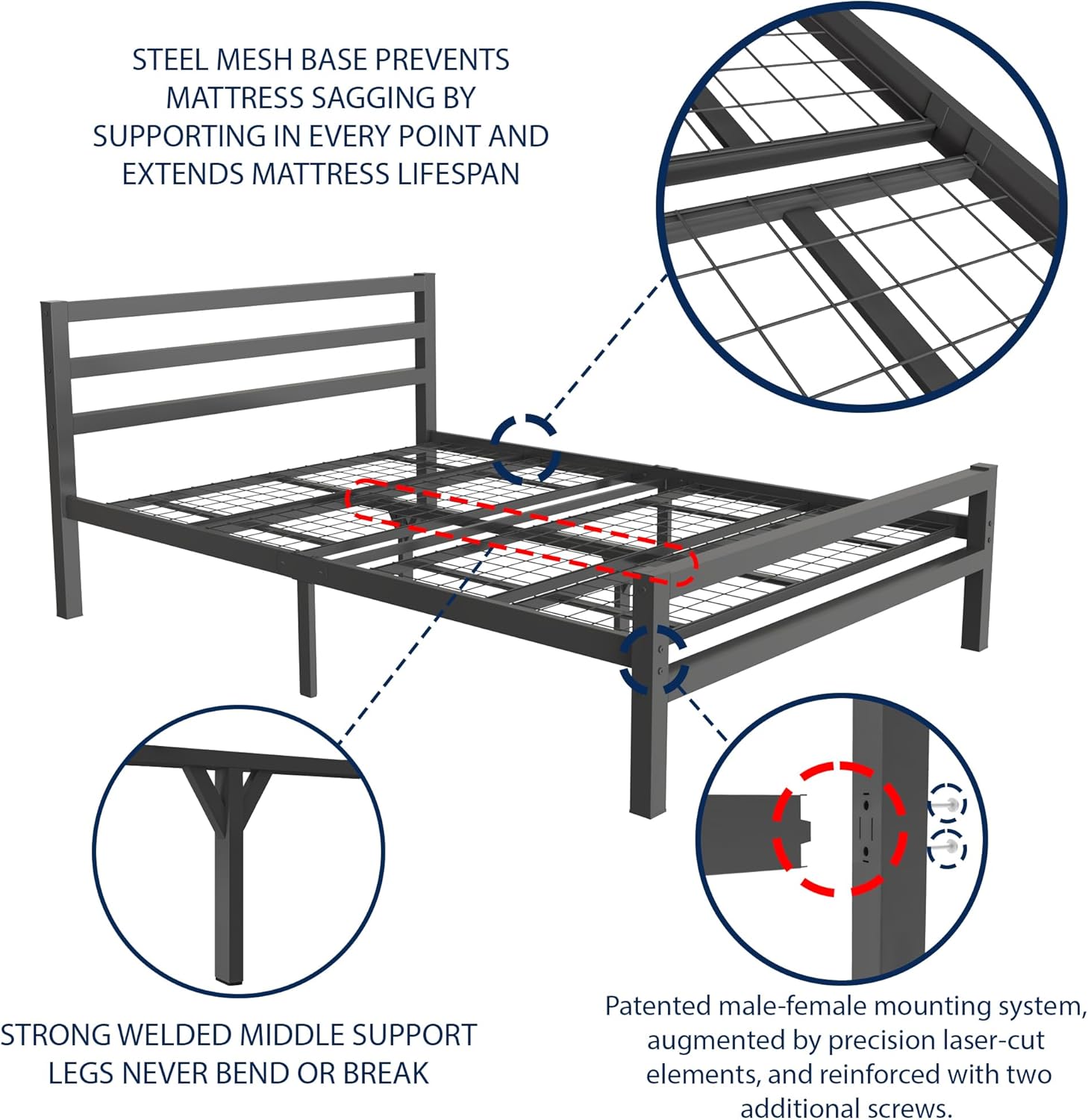 Buhara 4ft6 Double Black heavy duty mesh base bed frame Side View