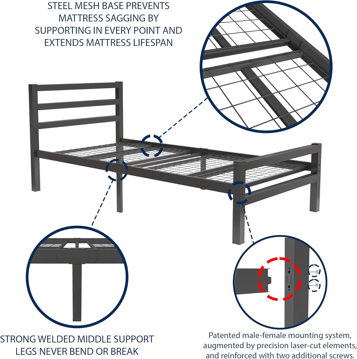 Buhara 3ft Single Black heavy duty mesh base bed frame Side View