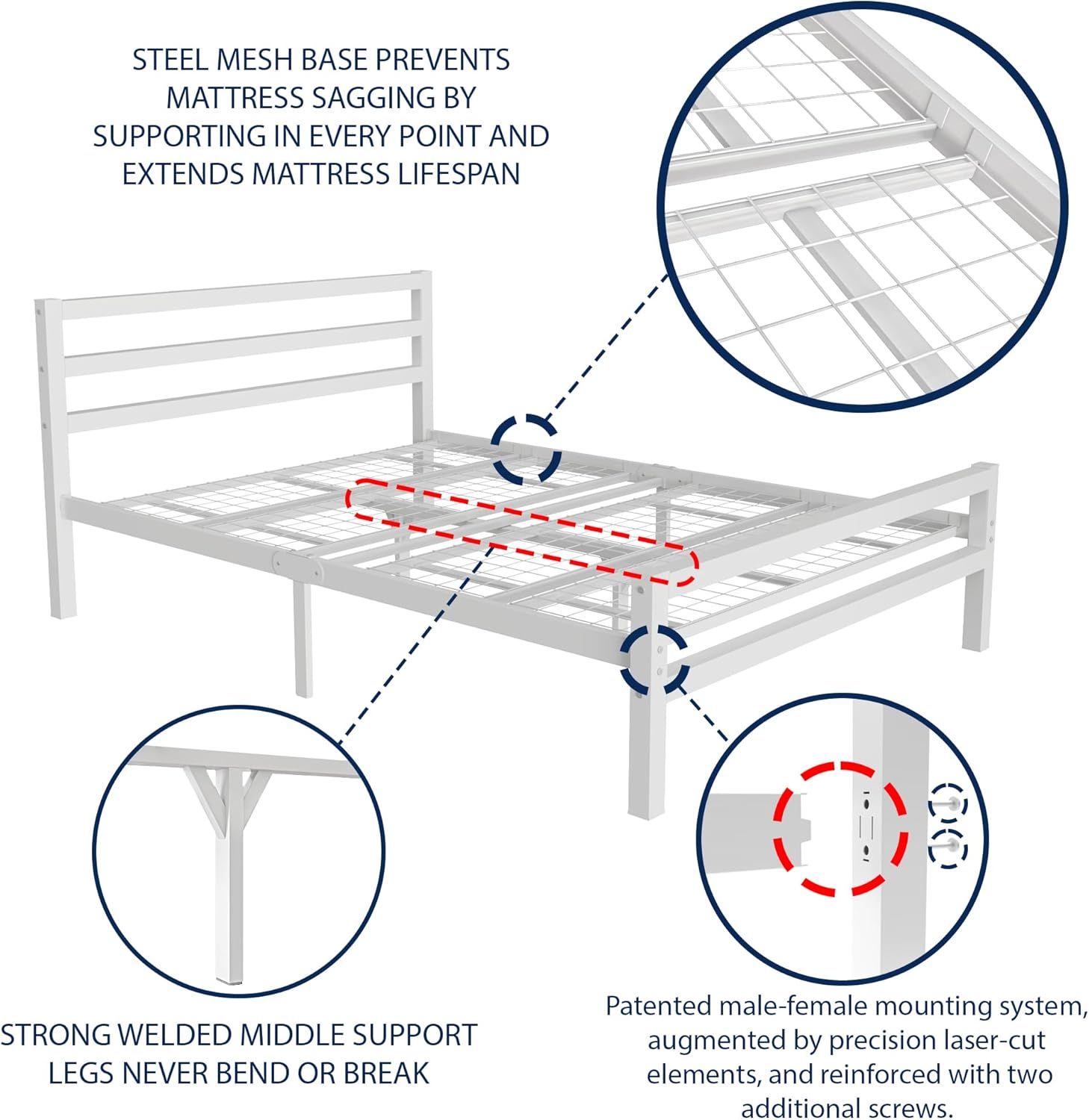 Buhara 4ft6 Double White heavy duty mesh base bed frame Side View