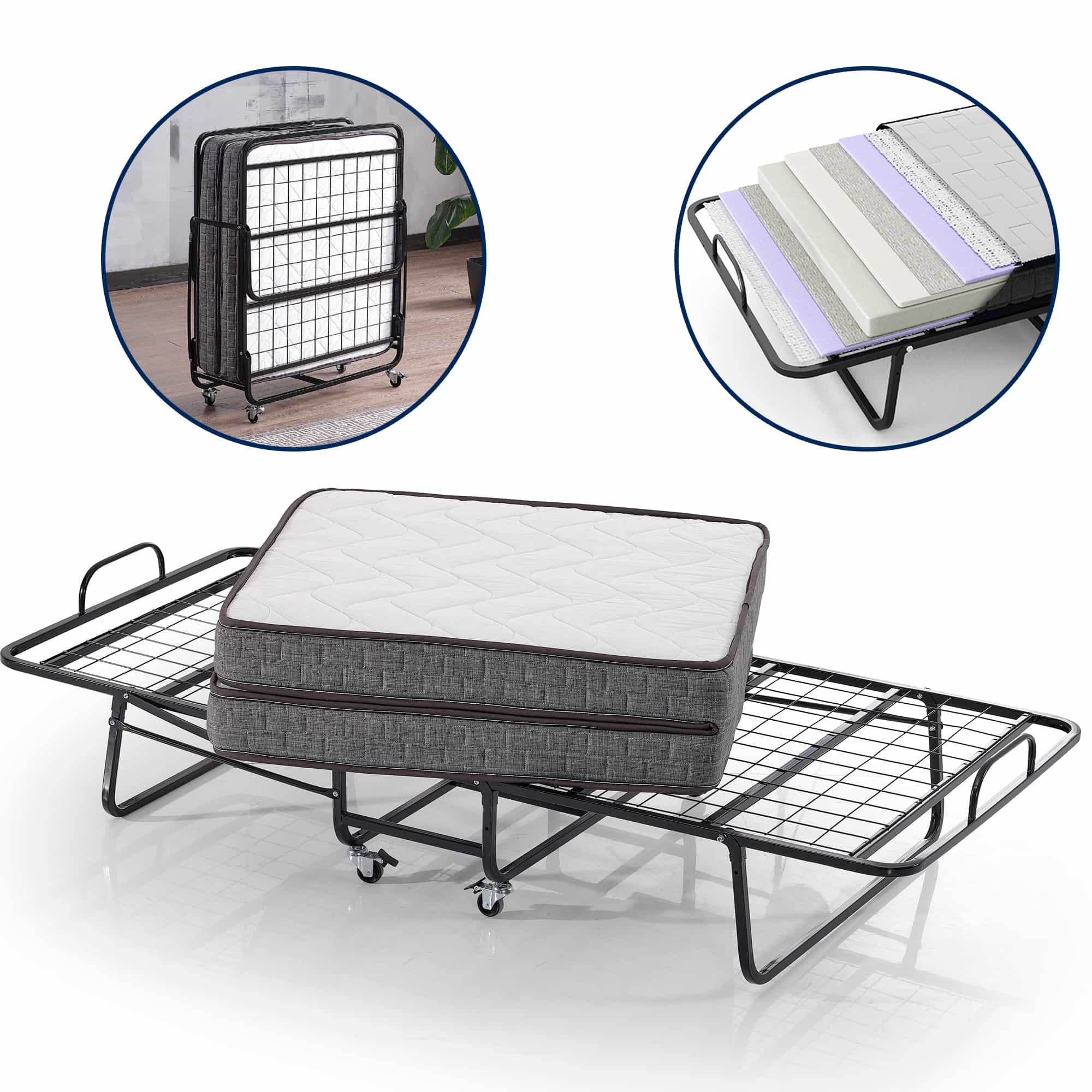 Miranda 80x190 Black Folding Bed with Mattress Feature