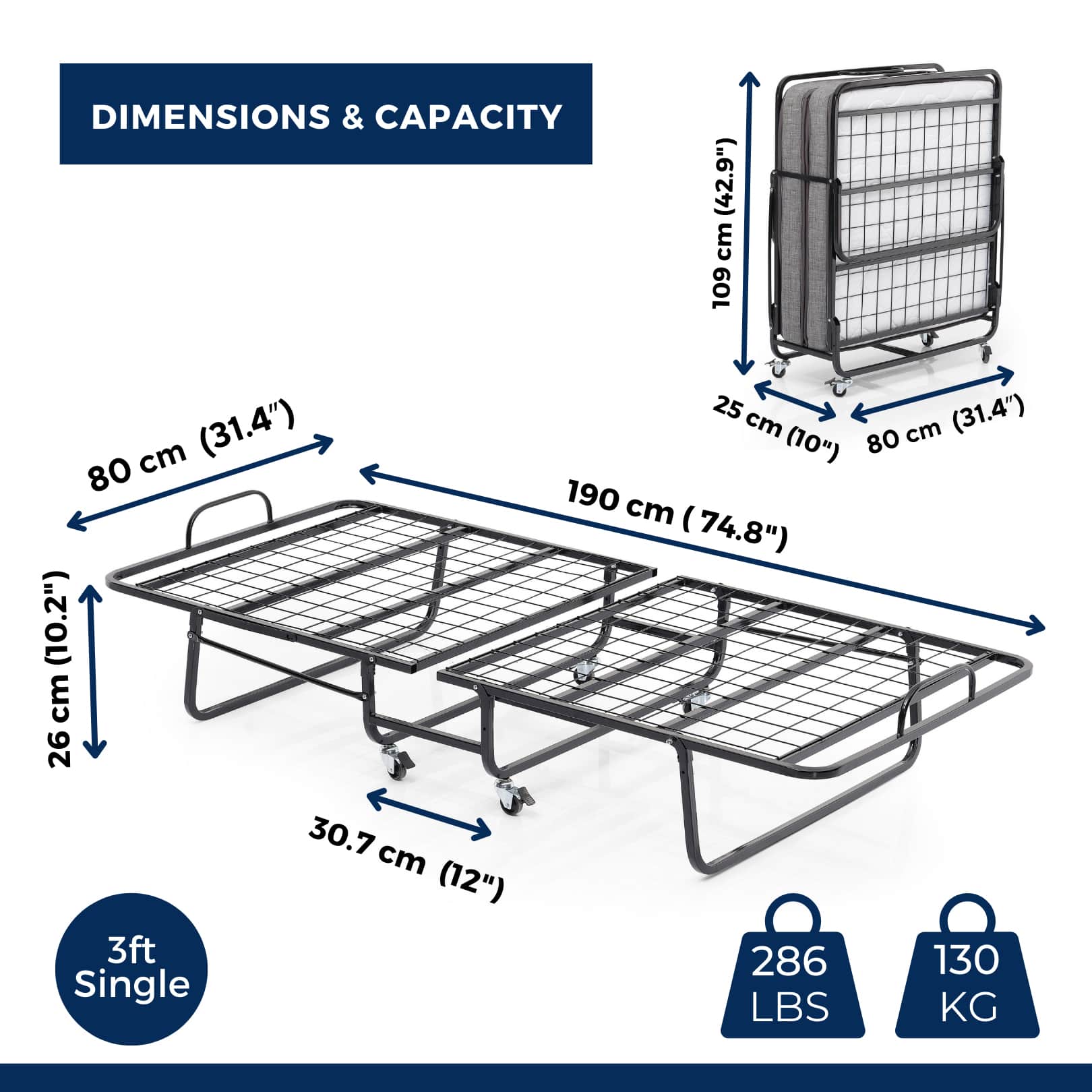 Miranda 80x190 Black Folding Bed with Mattress Front View
