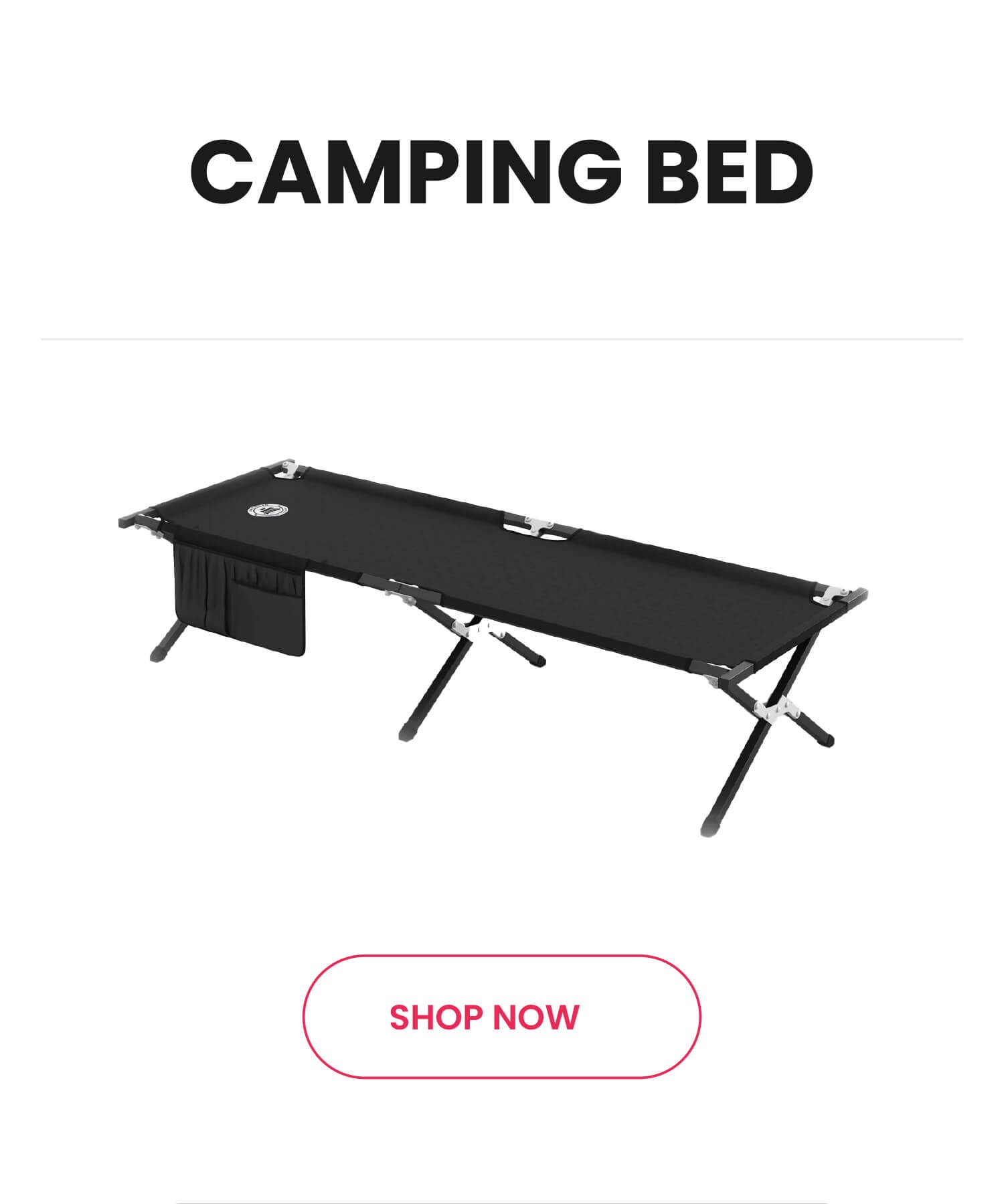 Black camping bed with 'Camping Bed' text and 'Shop Now' button on a white background