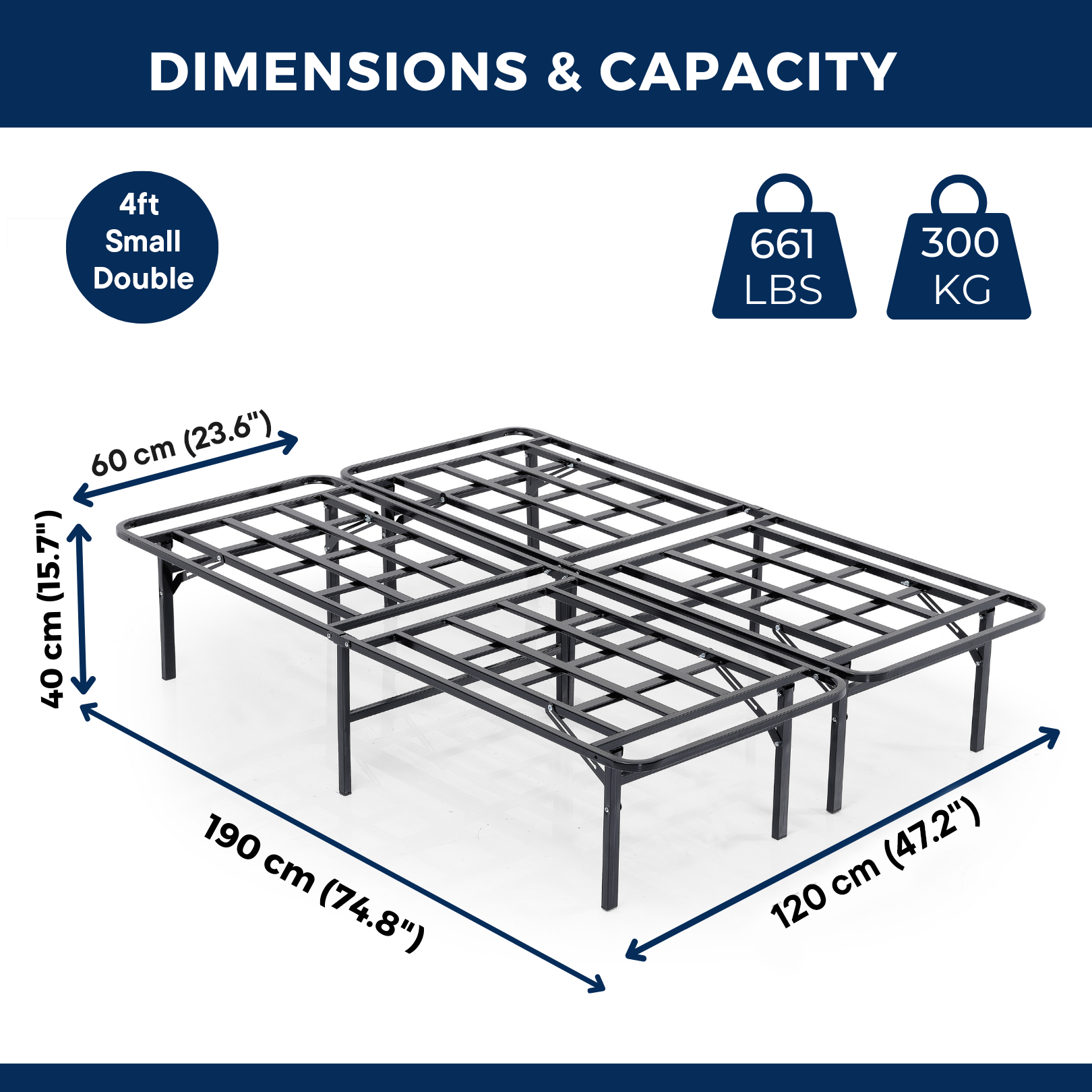 Smartbase 4ft Small Double Black Folding Bed Side View