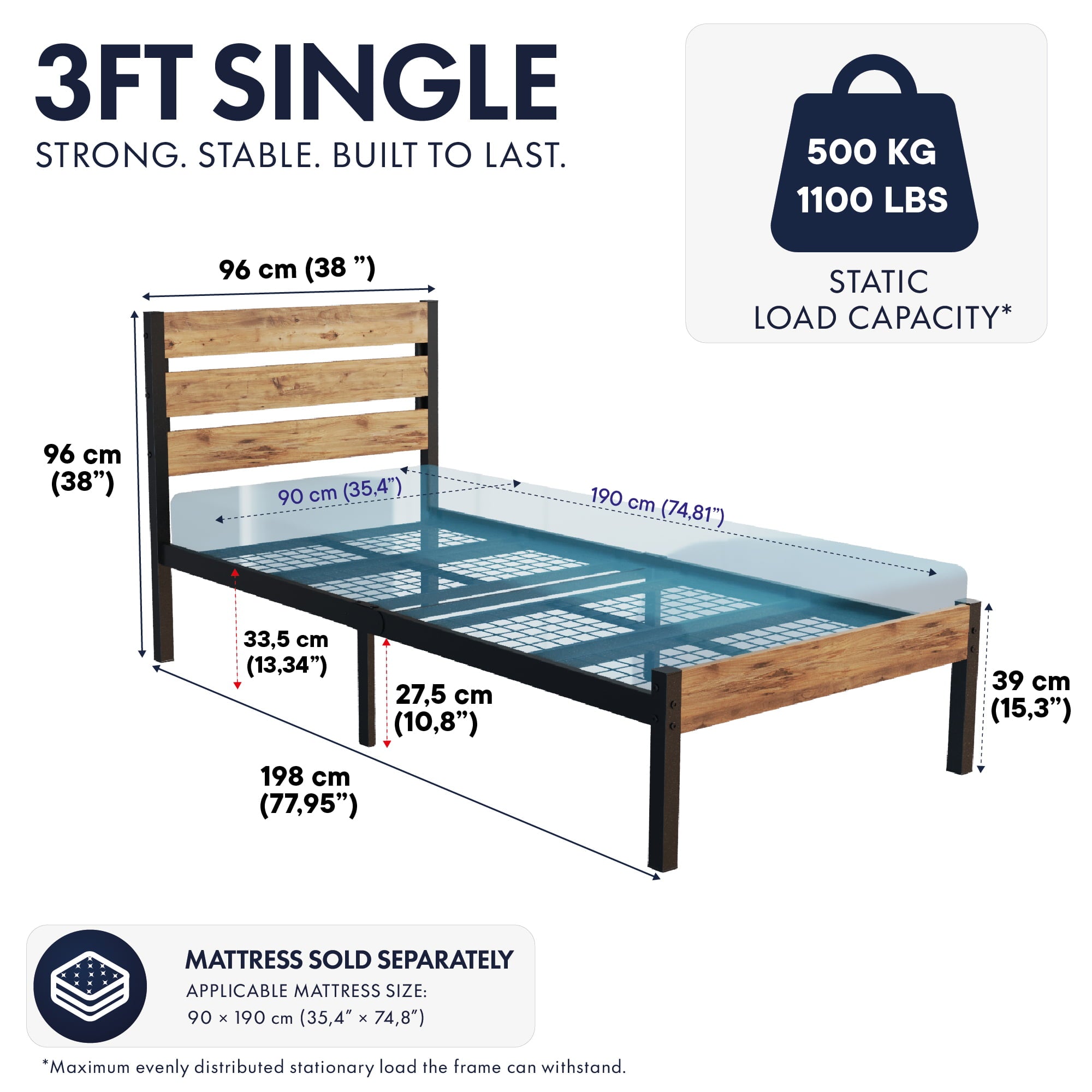 Dimensions of Arowana metal bed frame single 3ft