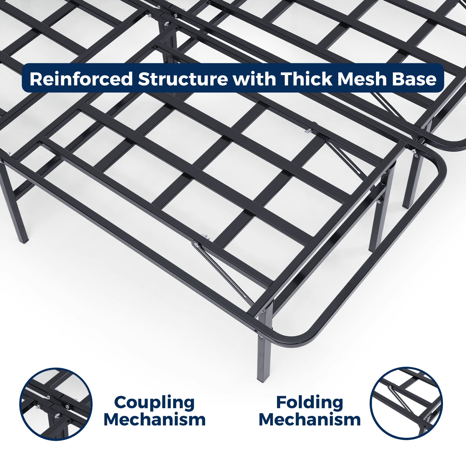 Metal folding bed frame with thick mesh base, coupling mechanism, and folding mechanism on a white background.