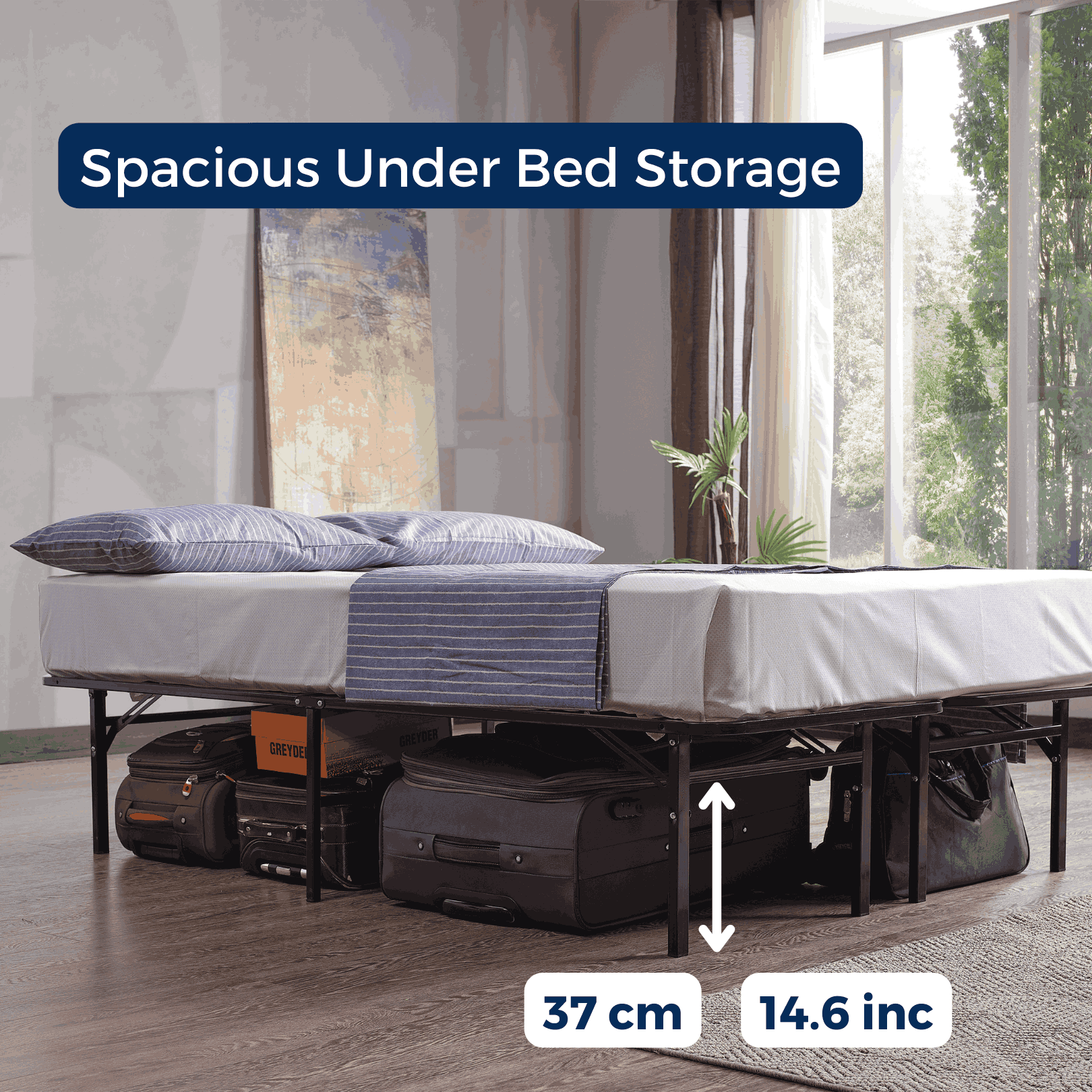 Bed with under-bed storage solution shown in a room with large windows.
