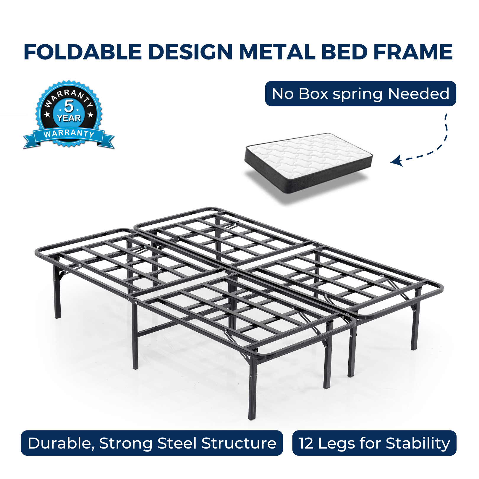 Foldable metal bed frame with mattress on a white background, featuring text about durability and warranty.