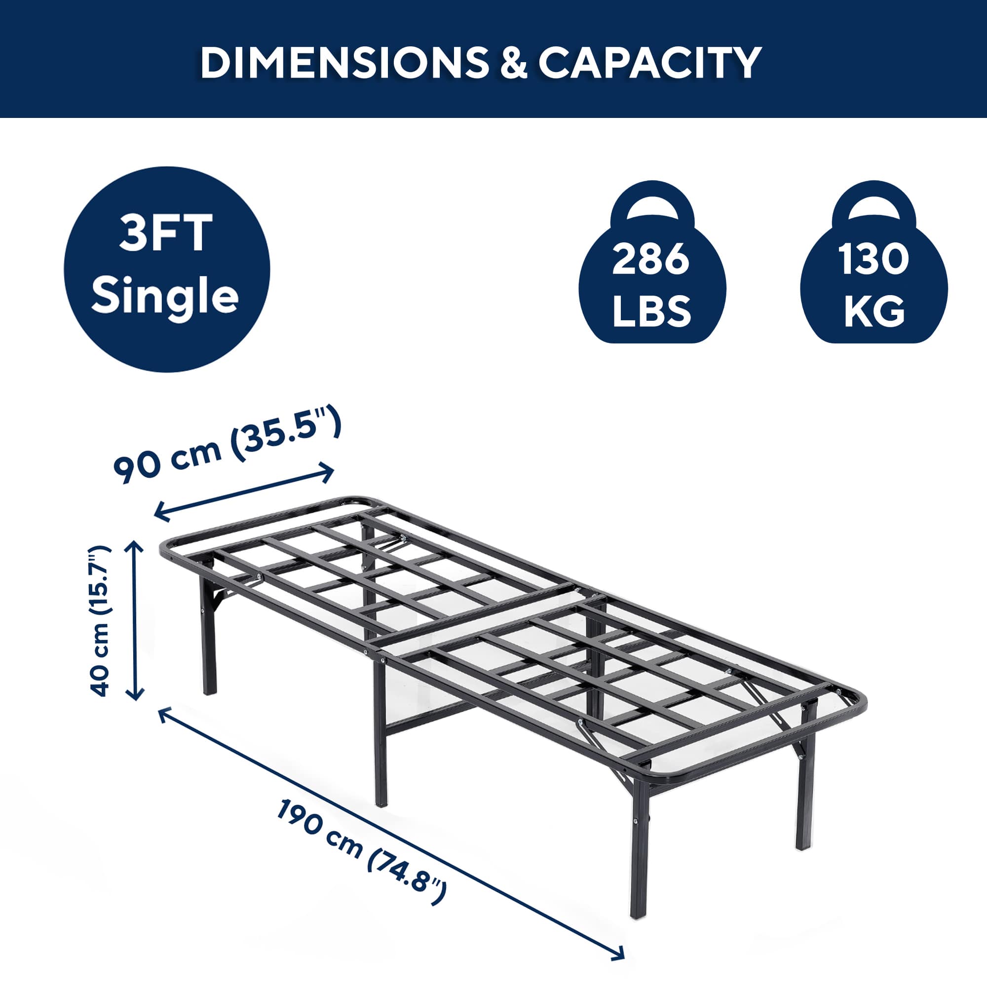Smartbase 3ft Single Black Folding Bed Rear View