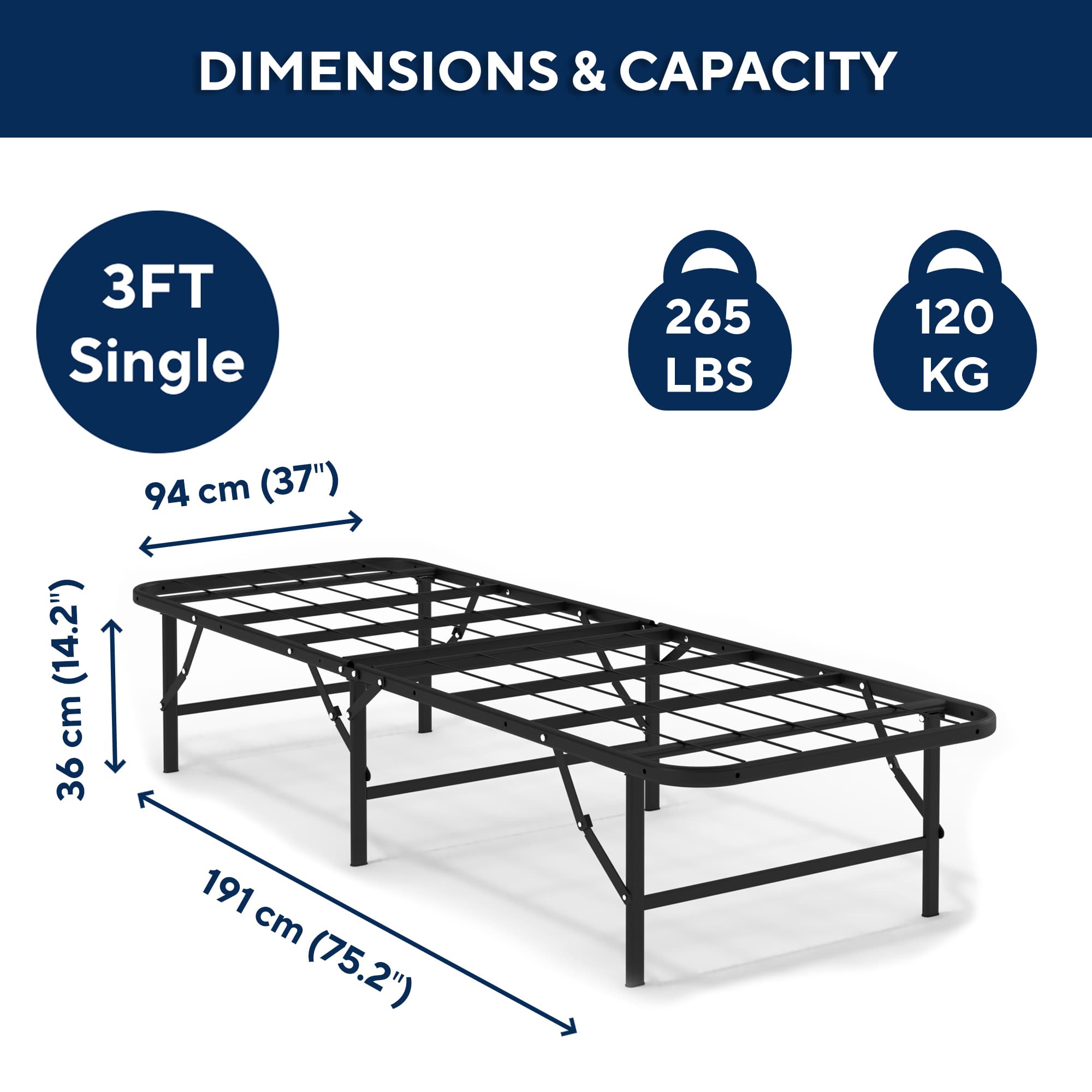 Smartbase Basic 3ft Single Black Folding Bed Side View