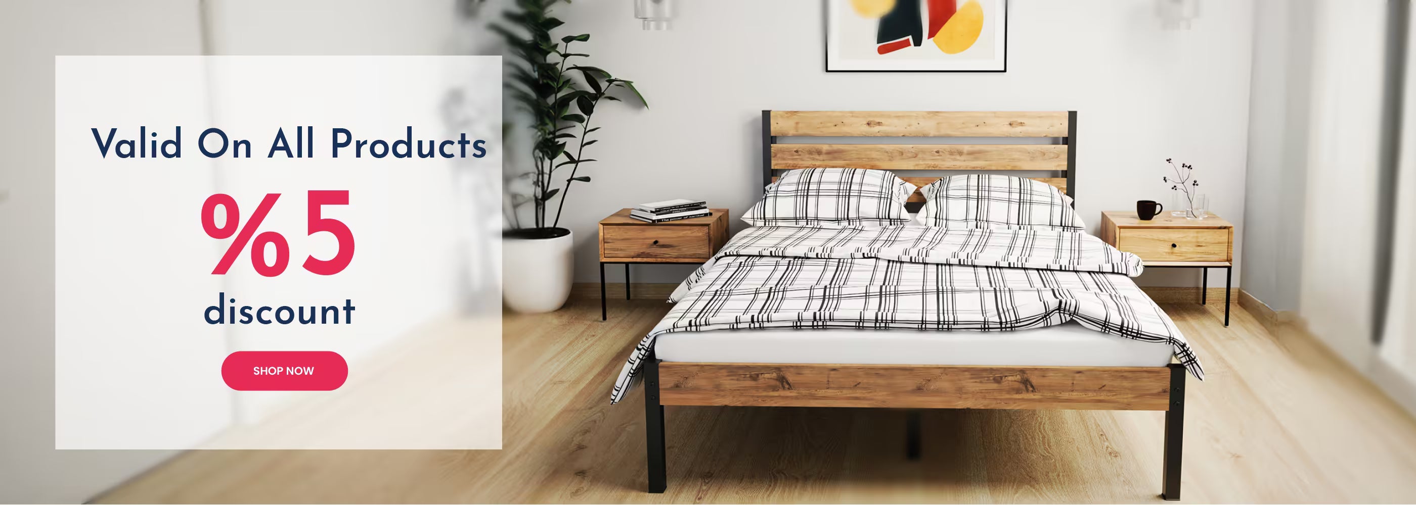Bedroom with wooden bed and nightstands, featuring a discount banner.
